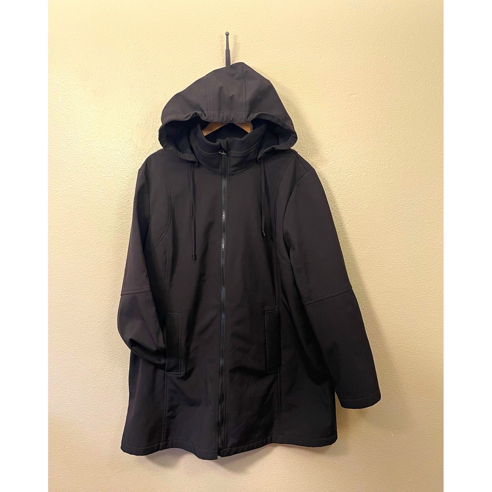 London Fog Women's Hooded Softshell Zip Jacket Black Mid-Length Gorpcore Sz XL